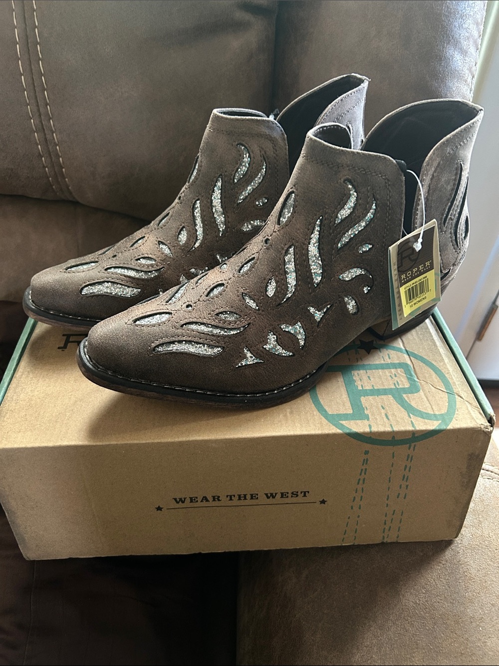 Roper Brown Suede Cutout Western Ankle Boot with Silver Glitter
